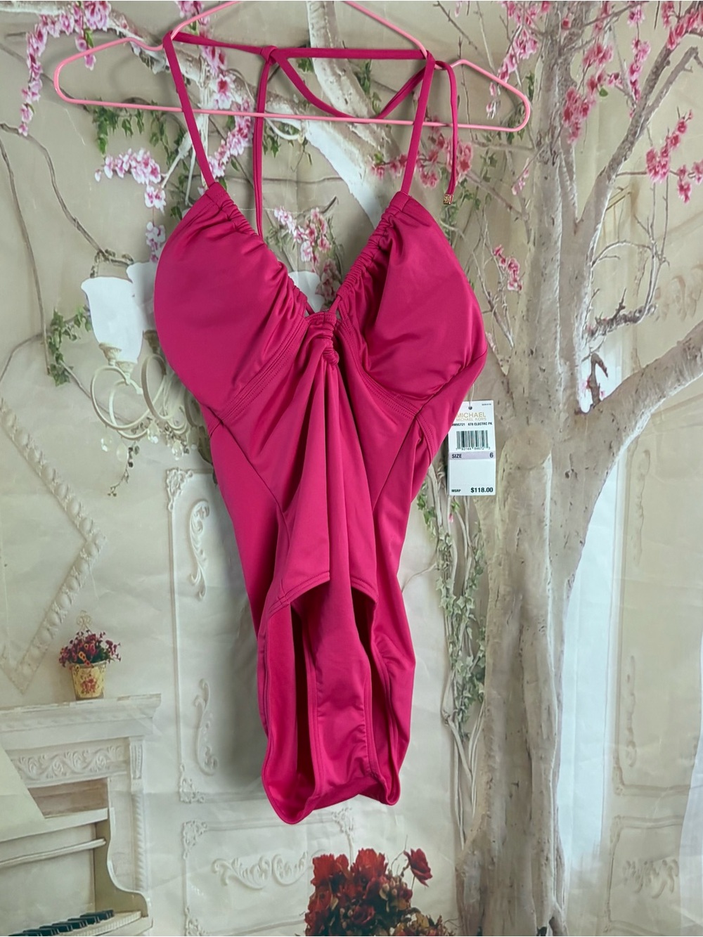 NEW Michael Kors Fuchsia Ruched One-Piece Halter Swimsuit - Picture 2 of 8